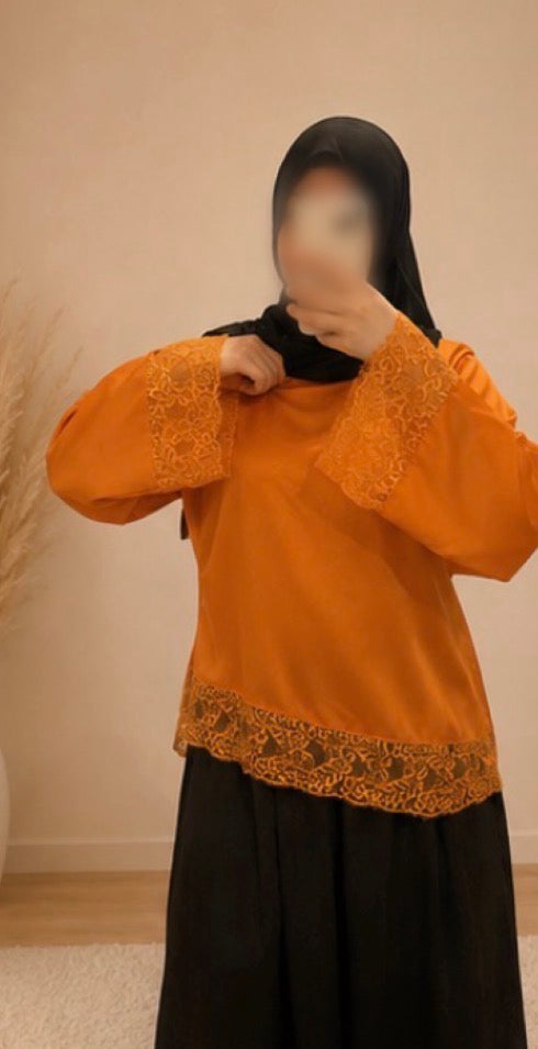 Haut Satin Dentelle Orange
